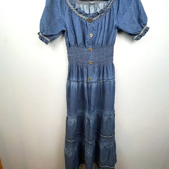 Lapis | Dresses | Lapis Denim Chambray Tiered Maxi Dress Prairie Puff  Sleeves Embroidery S | Poshmark